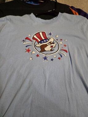 Men's Light Blue Short Sleeve Graphic Tee with Patriotic Mascot